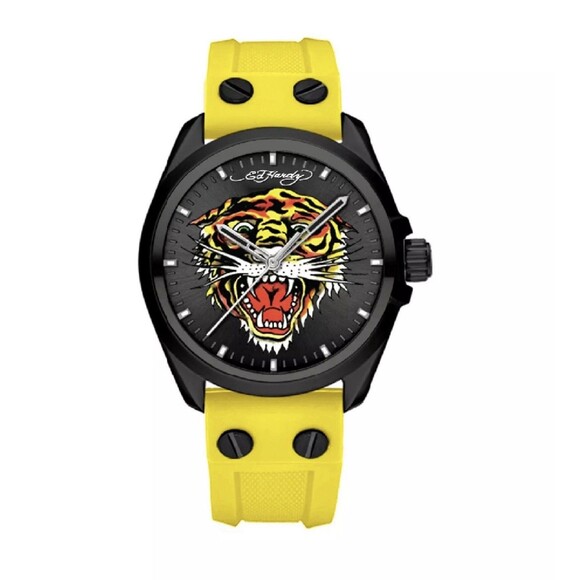 Mens Ed Hardy Matte Yellow Silicone Strap Watch 46mm, Tiger, Black - Picture 1 of 3